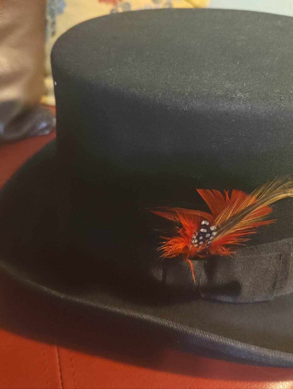 Hatsin The Belfry Top hat with Red Feather Accent